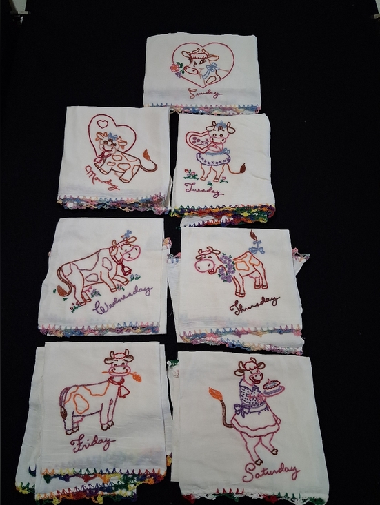 Other - Vintage Embroidered Cow Kitchen Towels - Days of the Week - White
